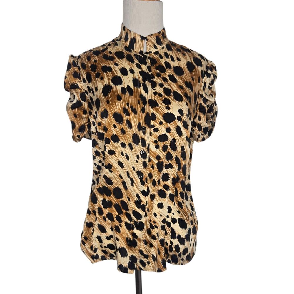 St John Collection Womens Silk Blouse Cheetah Leopard Puff Sleeves Luxury 8